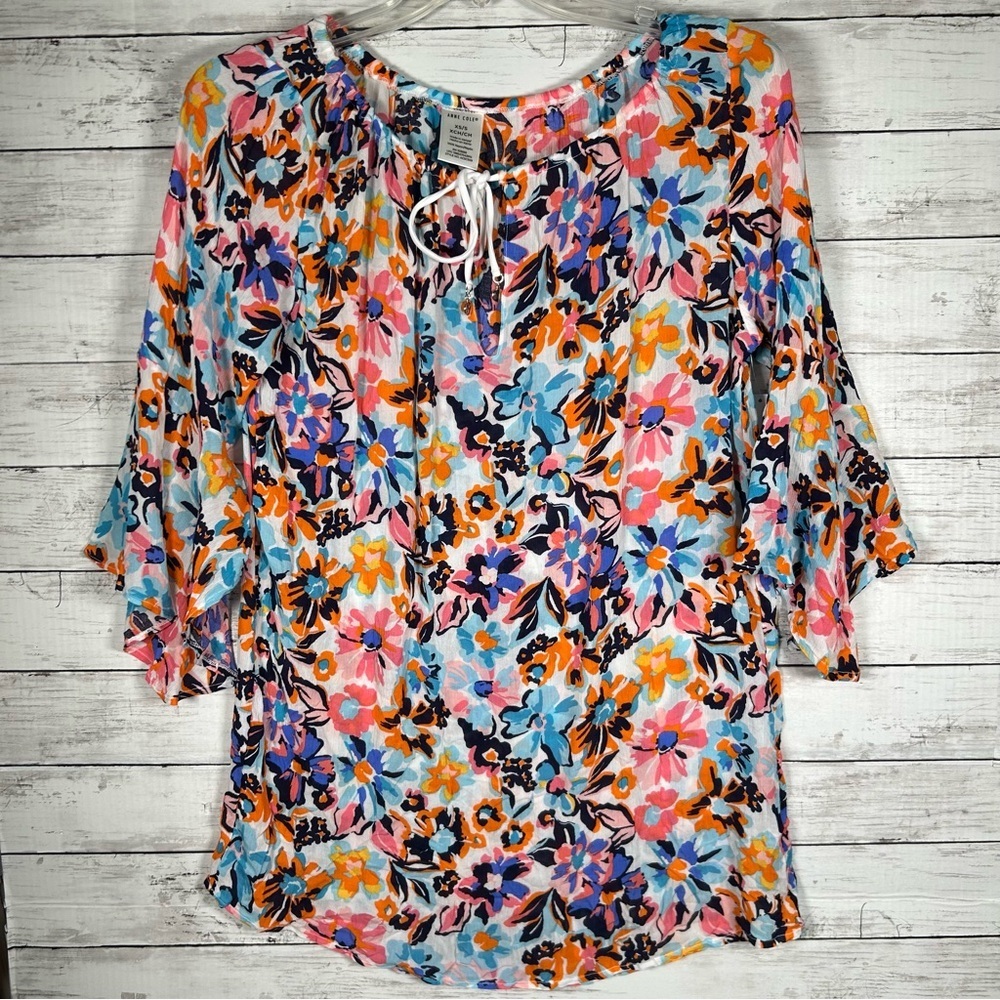 ANNE COLE Flounce Tunic Swimsuit Cover-up Rayon Tropical Floral XS/S NWT